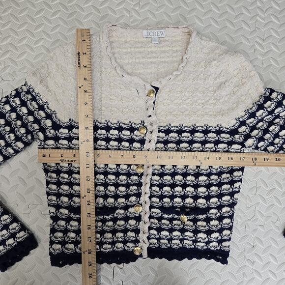 J Crew Cardigan Sweater Women Small Textured Crochet Lady Jacket Navy Blue Beige - Picture 6 of 9
